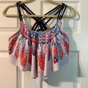 Boho Feather Print Ruffle swim suit Top with Strappy Back - Multi